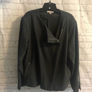 Roz & Ali - Zipper Detail Career Jacket - Dark Gray, Long Sleeves - 2X